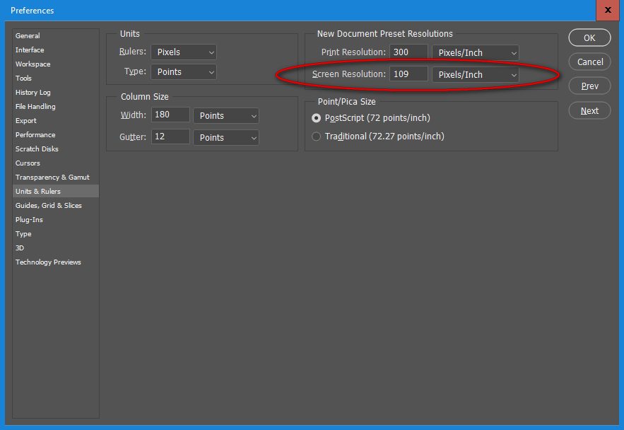 photoshop preferences window - screen resolution values